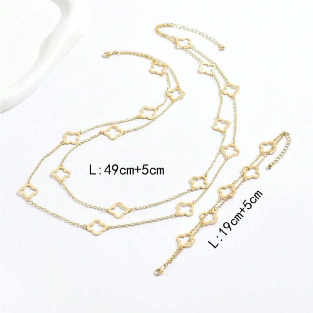 Gold Four Leaf Clover Necklace Bracelet Set Luxury Two Piece Set - Picture 4 of 4